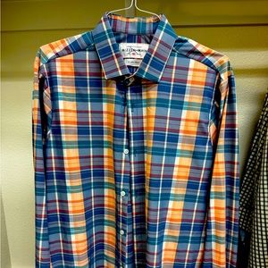 Mizzen+Main Blue and Orange Plaid Trim Fit Long Sleeve Button Up Shirt